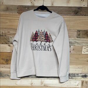 Size XL Crewneck Merry Christmas with Christmas Trees Graphic Beige Sweatshirt
